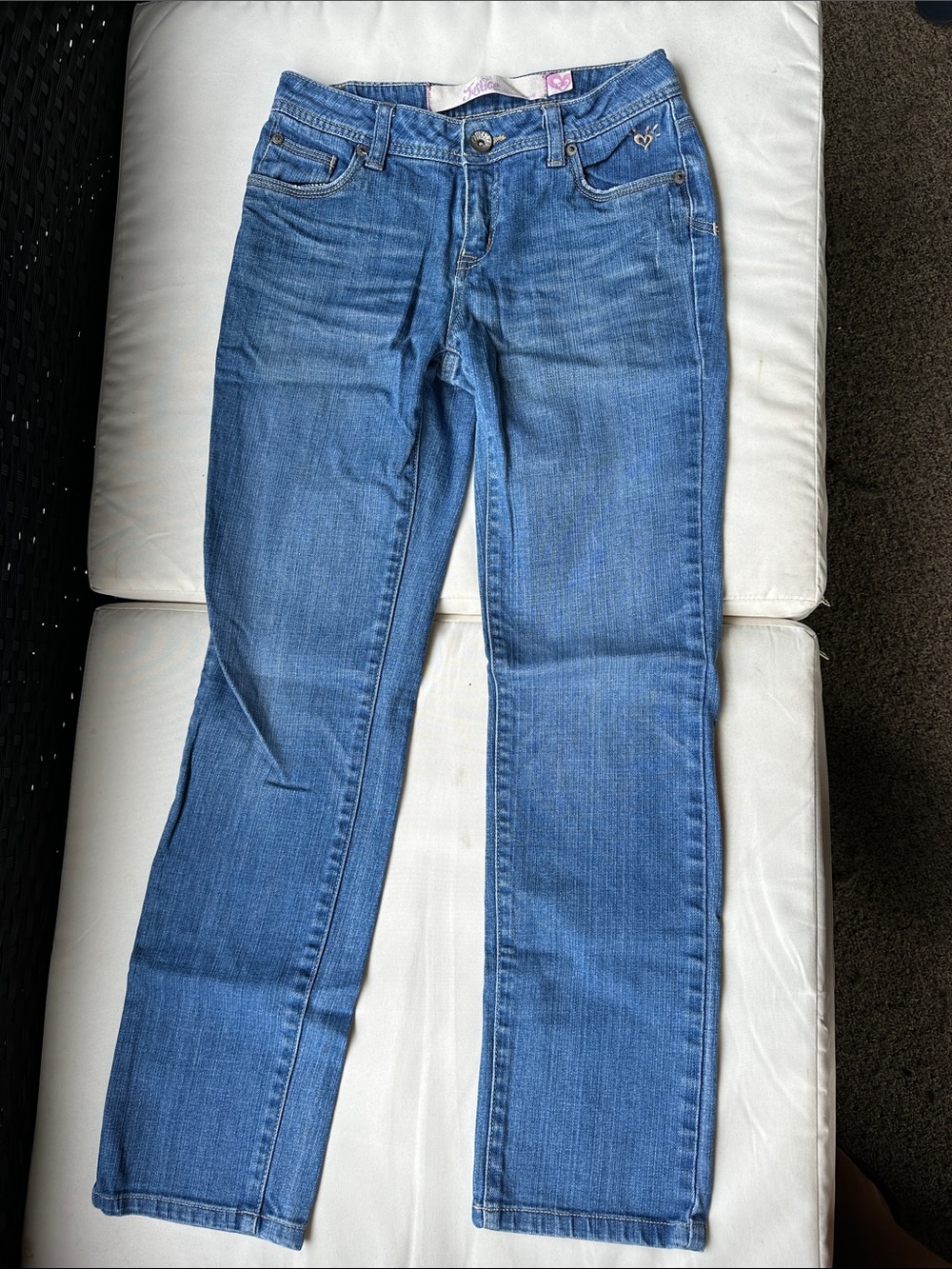 Justice Girls Blue Denim Straight Leg Jeans Medium Wash Heart Detail Size 10S